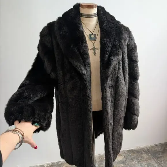 Vintage Black Faux Fur Coat Fur Trim Jacket Mob Wife Minimalist Goth Chic Medium - Picture 6 of 12